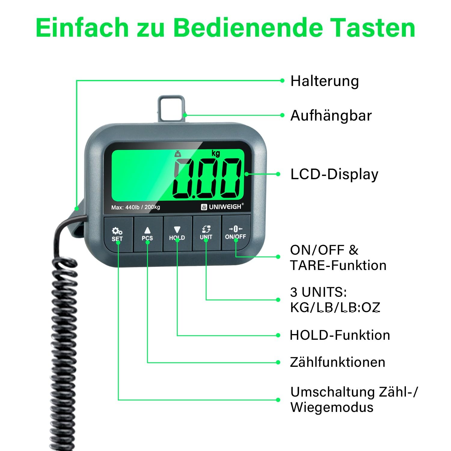 UNIWEIGH Digitale Paketwaage 440lb,Hochpräzise 0,35oz Postwaage für Pakete mit Halten/Tarieren/Zählen,Kommerzielle Paketwaage für Kleinunternehmen,Portowaage für Versandpakete/Gepäck,Grau