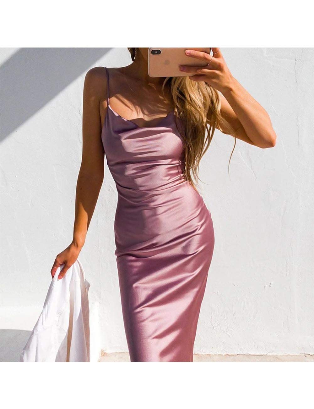 xxxiticat Women's Sleeveless Spaghetti Strap Satin Dress Cocktail Beach Evening Party Cowl Neck Dot Leopard Midi Dresses