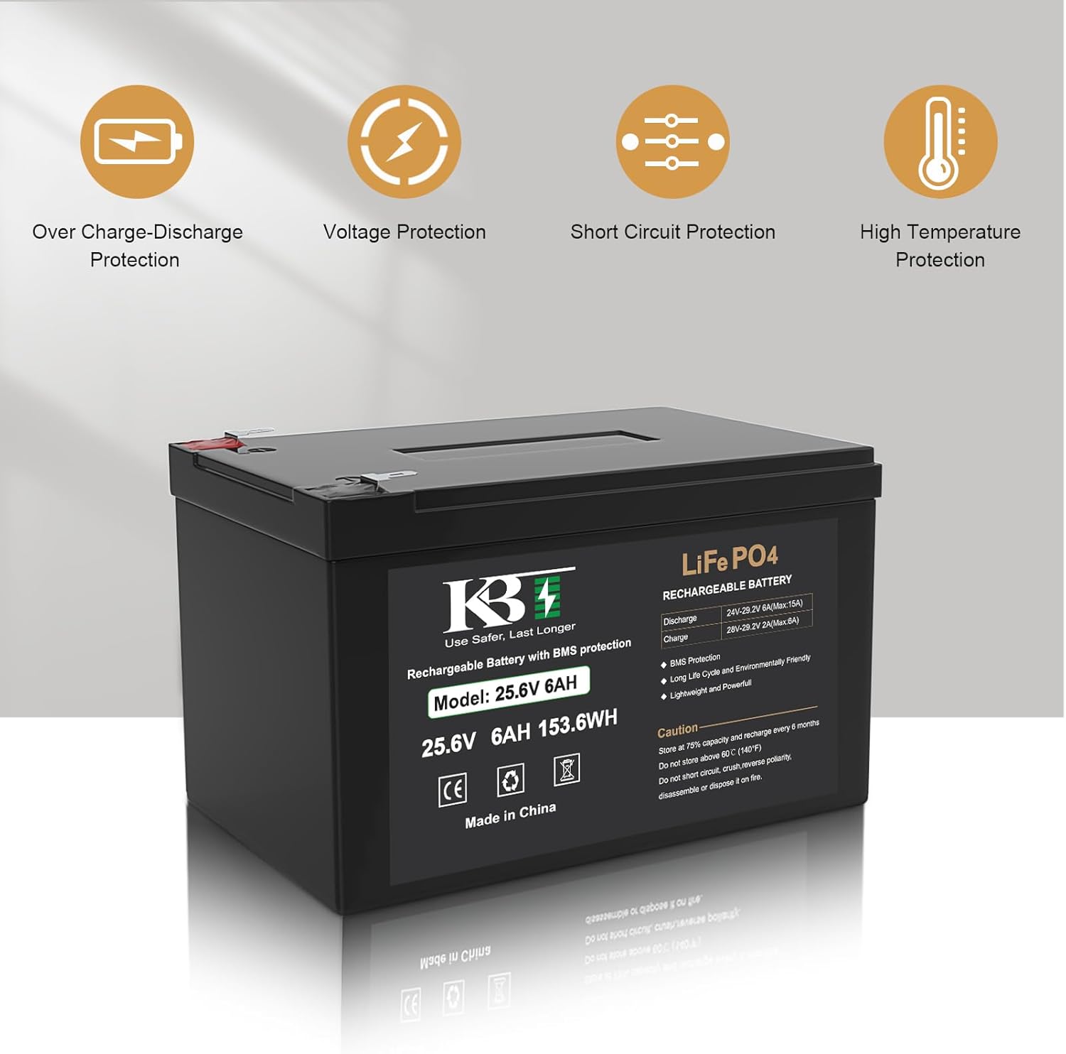 KBT 24V 6Ah Deep Cycle Rechargeable LiFePO4 Lithium Battery with 24V Charger, Charging Cable, Cable Connector - Image 3