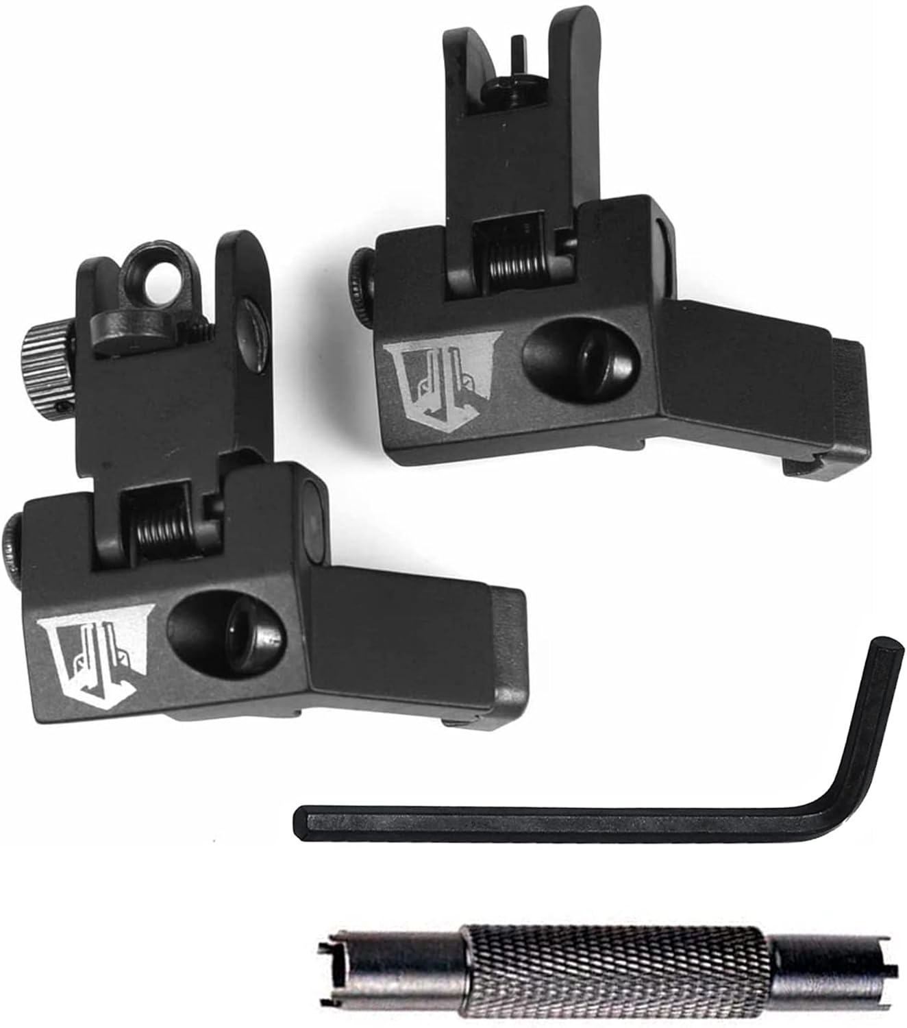 45 Degree Offset Flip Up Backup Iron Sights and Front Sight Adjustment Tool Bundle - Heavy Duty Battle Sights with All Metal Construction