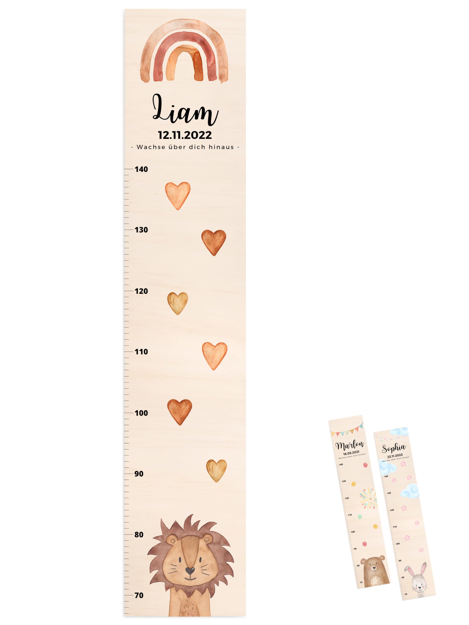 wunderwunsch® - Personalisierte Messlatte Kind Holz zum Kleben oder Aufhängen - Skala 70-140cm - Süße Dekoration für Baby- & Kleinkinderzimmer (Löwe)
