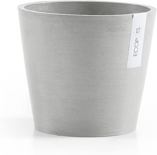 Ecopots Amsterdam - Maceta redonda de plástico reciclado con depósito de agua, color blanco y gris, 8 pulgadas