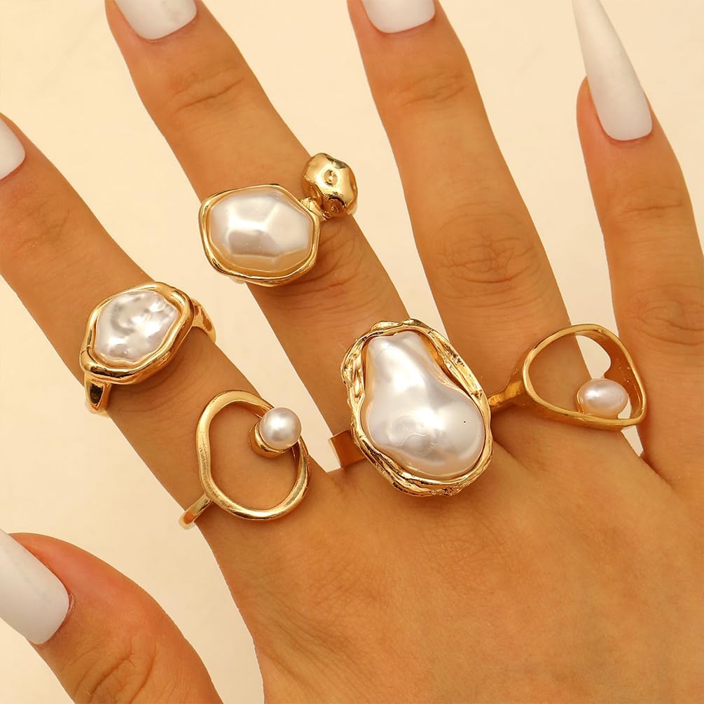 Stackable Chunky Gold Baroque Pearl Open Ring, Trendy Punk Irregular Silver Pearls Knuckle Rings for Women Stacking Dainty Party Finger Jewelry Gift Set - Image 3