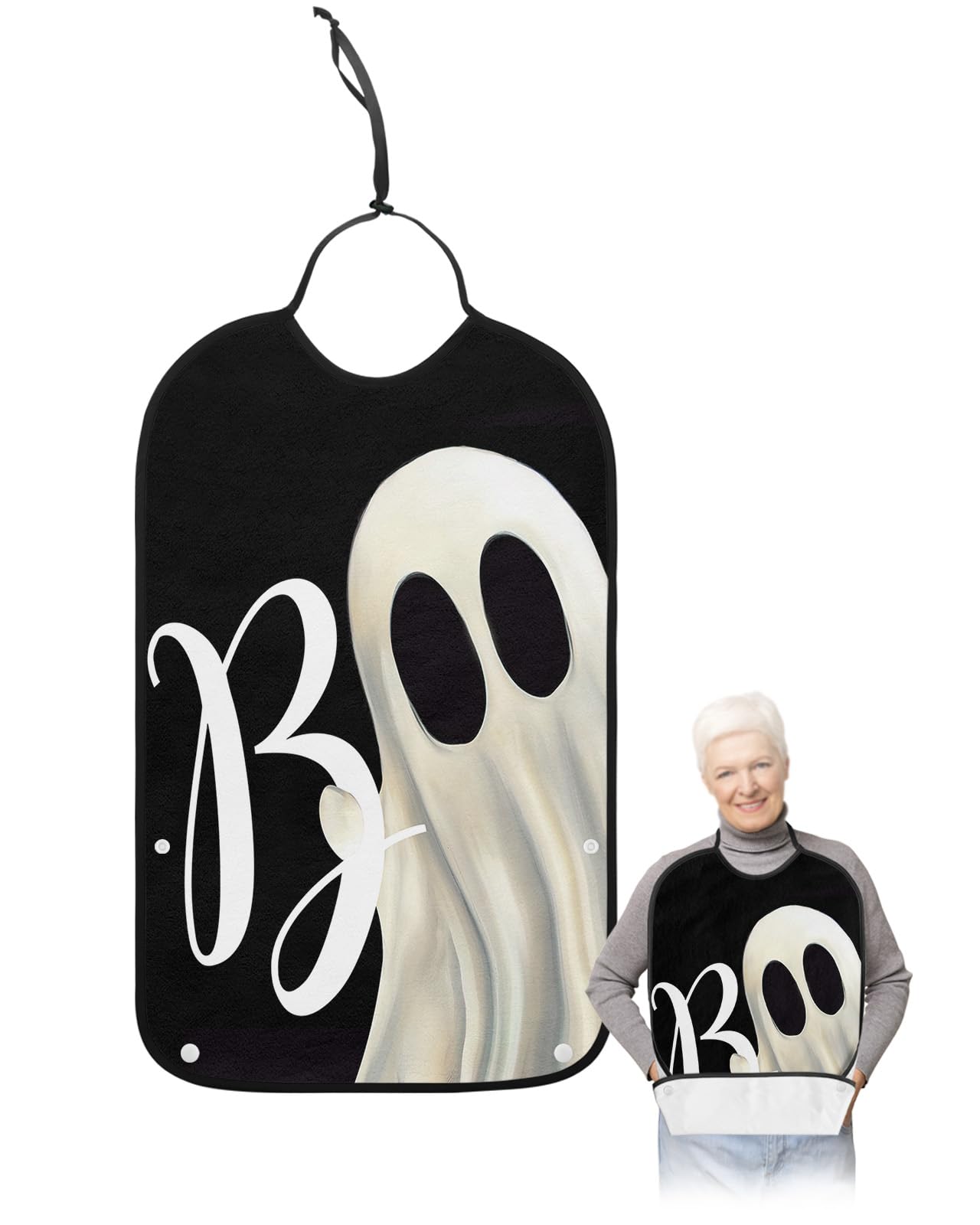 LEOKOTI Halloween Adult Bibs for Eating, Waterproof Bibs with Food Catcher & Adjustable Snap Closure, White Boo Ghost Classic Black Washable Clothing Protectors Adult Bibs for Elderly Women/Men