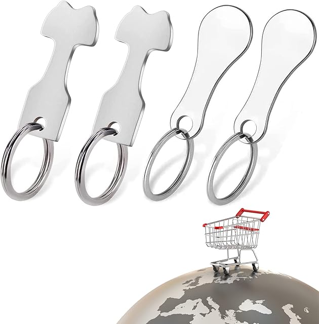 4 Pcs Shopping Trolley Coin Universal Shopping Trolley Token Trolley Token Keyrings Shopping Trolley Removable Key Stainless Steel Shopping Cart Keychain For Shopping Carts, Two Models Trolley Tokens