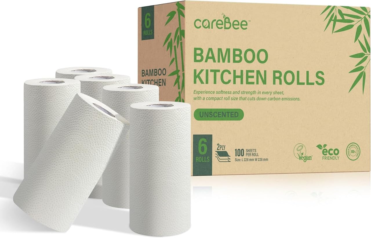 Carebee Kitchen Roll - 2 Ply Strong & Absorbent Paper Towels | 100% Bamboo | Zero Wastage | 100 Sheets per Roll | Ideal for Household Cleaning, Spills & Food Prep (6 Pack)