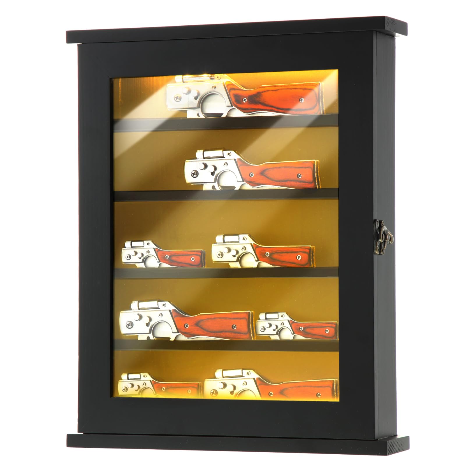Knife Display Case for Wall Display Case with LED Light Military Folding Knife Box Wall Cabinet with UV Protection Removable Acrylic Shelves Black Pocket Knife Stand for Collections