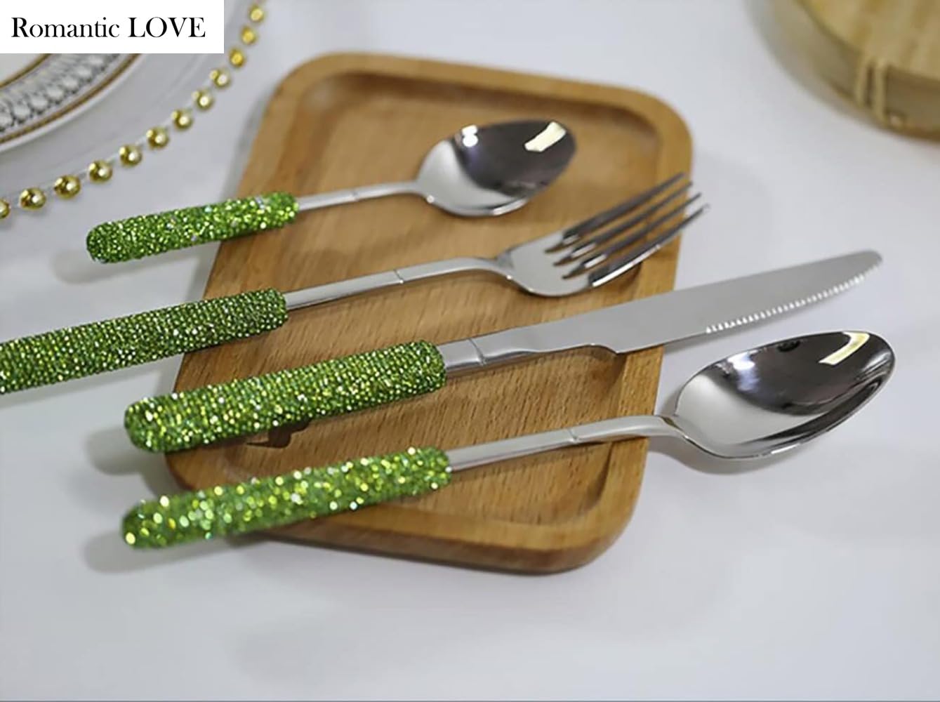 Romantic LOVE Lussuoso Set Di Posate in Acciaio Inossidabile Con Manico A Diamante Da 4 - Posate Esclusive Per Donna, Regali Di Compleanno, Regali Di Natale Per I Nuovi Arrivati (Verde)