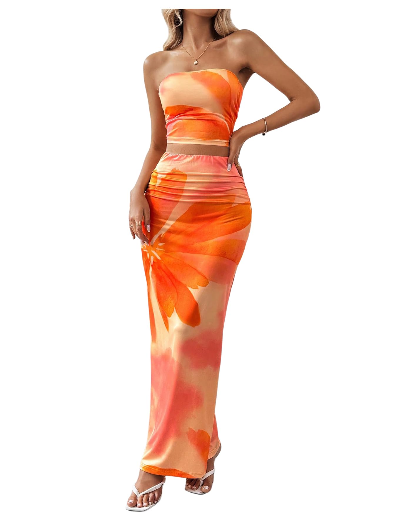 White Skirt Set GORGLITTER Women's Two Piece Maxi Skirt Set