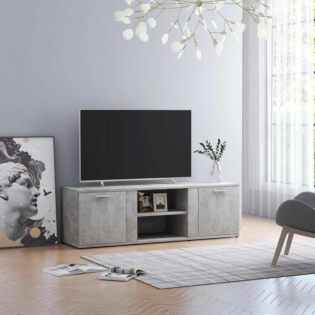 Mobile TV 120 x 34 x 37 cm, grigio cemento, con ante e ripiani aperti, in materiale a base di legno, per riporre dispositivi multimediali e riviste