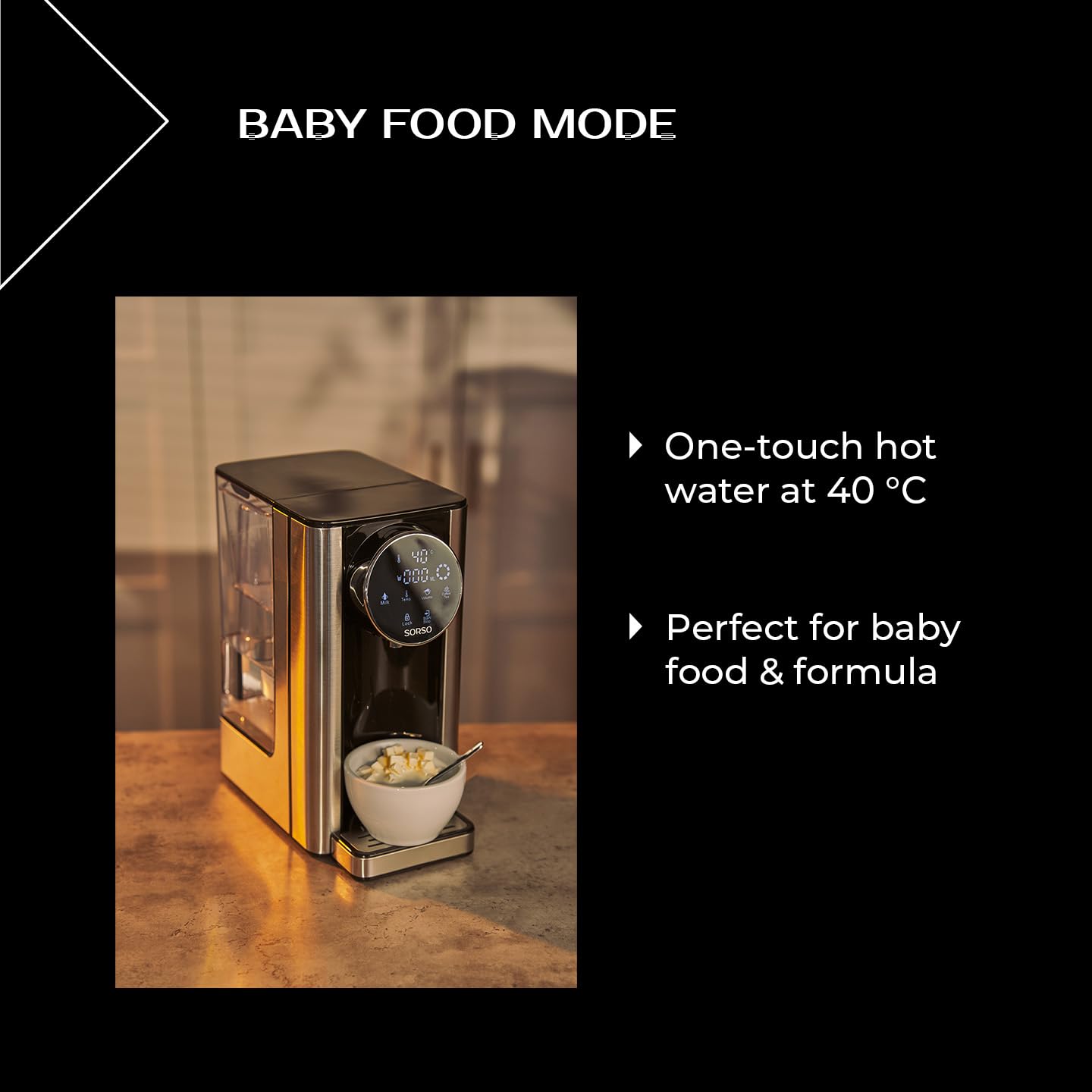 SORSO Flow - Dispenser di acqua calda con regolazione della temperatura, bollitore per tè, purificazione dell'acqua per alimenti per bambini, 2,7 l, 2600 W, 40-100 °C, argento