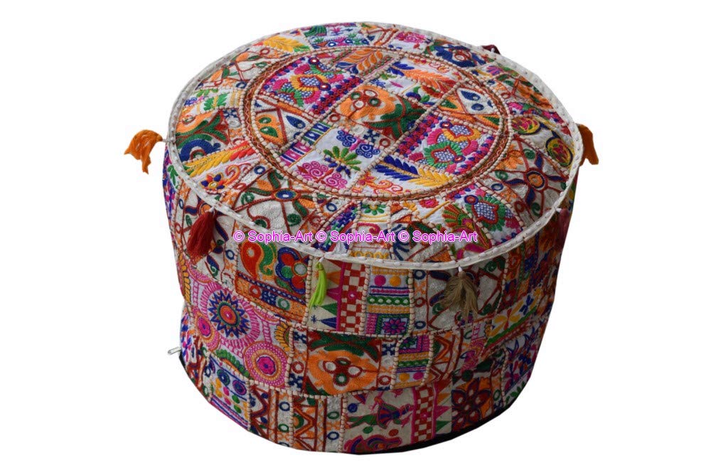 Sophia-Art Indian Embroidered Patchwork Cover Indian Decorative Pouf Indian Comfortable Floor Cotton Cushion Ottoman Pouf,Indian Designs Ethnic Patchwork Pouf (White Rajkoti, 18"x13")-image-2