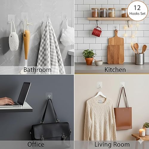 Miniatura 4 de Ganchos de pared adhesivos resistentes, acero inoxidable transparente, paquete de 12 – carga máxima de 24 libras, ganchos reutilizables impermeables