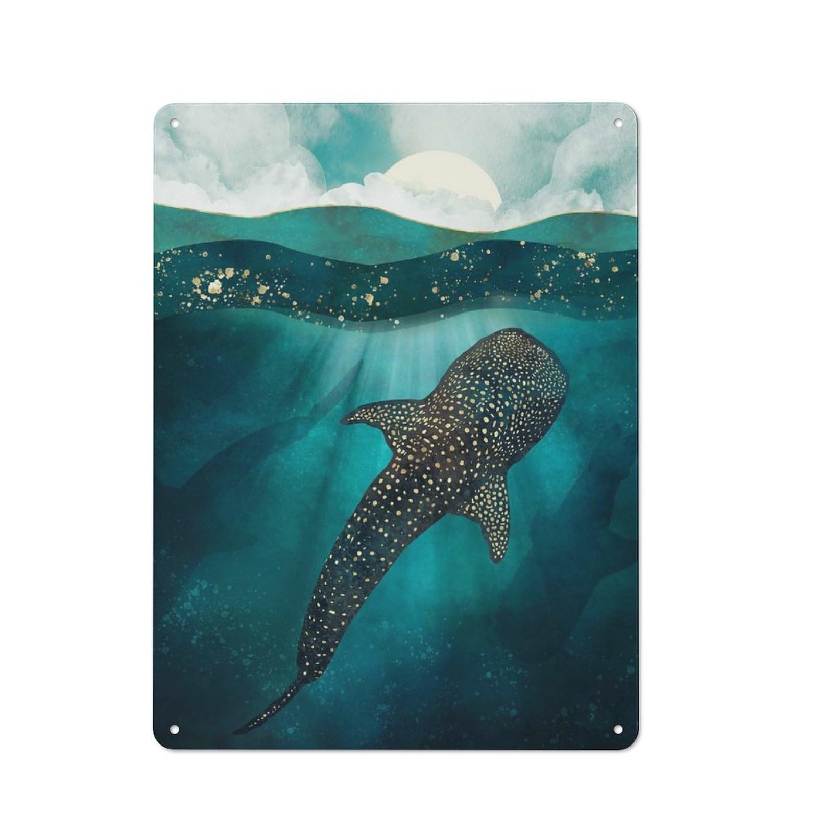 Junmoney Style-11 Tin Wall Plaque 40X30cm With Metallic Whale Shark For Studio Or Craft Room, For Kitchen, Dining Room And Home Bar Wall Decor