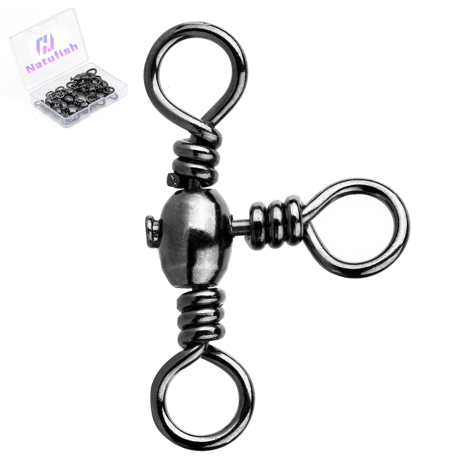 Natufish 3 Way Swivels Fishing Tackle - 25Pcs Three Way Swivel Black T-Turn Barrel Swivel High Strength Connector for Catfish Rigs