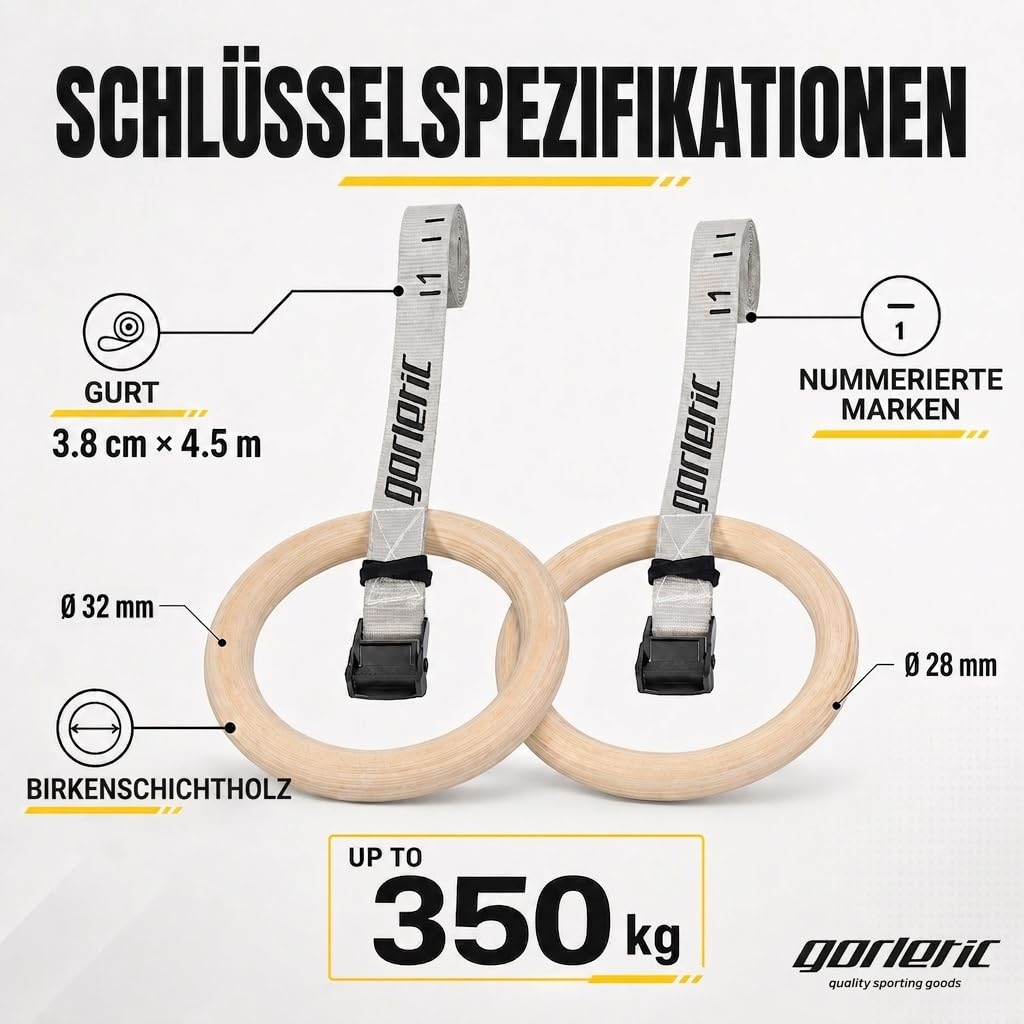 Gorletic Gymnastikringe, dickes Holz, 28 mm und 32 mm, verstärkter Gurt mit 4,5 m Markierung