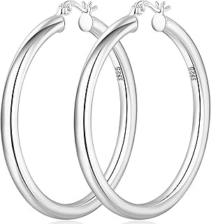 Silver Hoop Earrings for Women 925 Sterling Silver Hoops Earrings Slver Chunky Hoops Large Silver Hoop Earrings Hollow Tube Hypoallergenic Lightweight Big 4mm Thick Silver Hoops Earrings 40/50/60/70mm