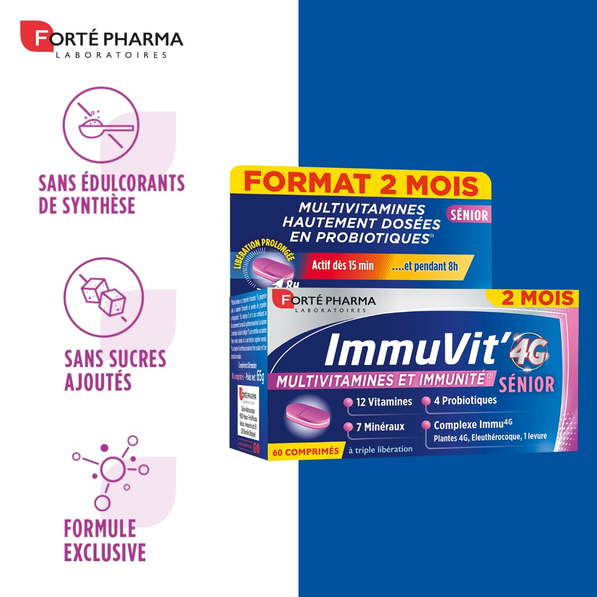 Forté Pharma - Immuvit'4G Sénior - Complément alimentaire Vitalité, Immunité, Fatigue oculaire - 12 vitamines, 7 minéraux, 4 Ferments - Magnésium, Myrtille, Luthéine - 60 comprimés Tri-couches, 1/jour