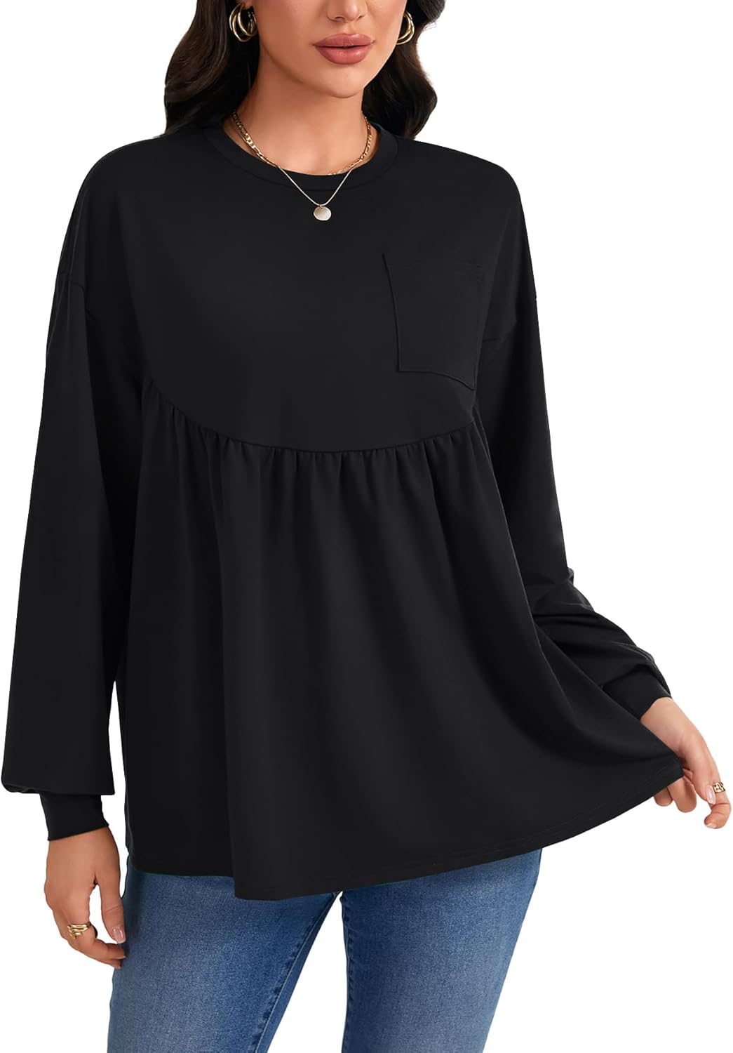 Vrtige Women's Peplum Long Sleeve Crew Neck Ruffle Babydoll Blouses Top with Pocket - Image 2