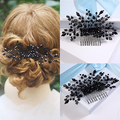 Miniatura 6 de Missgrace Mujeres nupcial boda hecho a mano cristales negros lado pelo peine ocasión especial tocado negro mujeres accesorios para el cabello