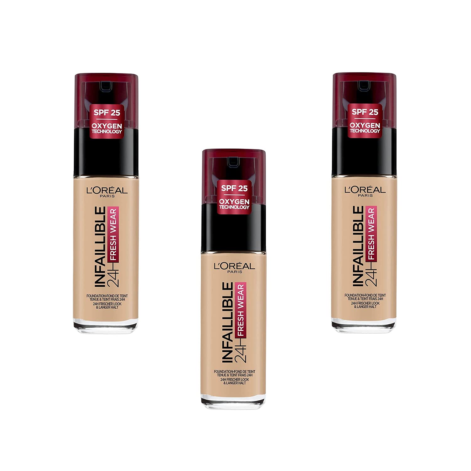 L'Oréal Paris Infaillible 24H Fresh Wear Fondotinta Liquido Coprente Lunga Tenuta - 120 Vanille, Set di 3 (3 x 30 ml)