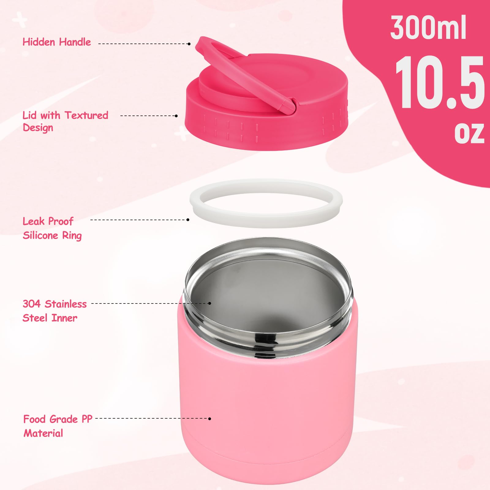 WyfKyd Tarro de comida aislado de 10.5 onzas con tapa de asa, termo de sopa para niños para alimentos calientes, recipiente de almuerzo de acero inoxidable a prueba de fugas al vacío para oficina,