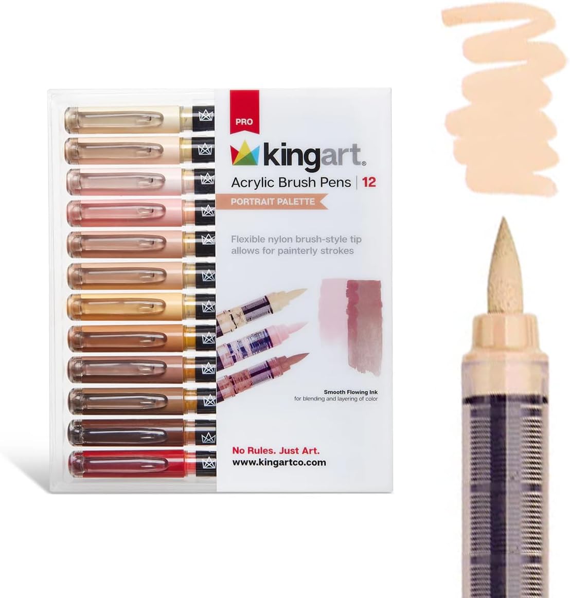 KINGART Acrylic Paint Markers Brush Tip, 12 Portrait Colors. Water-based, no-bleed, waterproof pens with automatic ink control for rock, egg, wood, fabric, glass & DIY crafts