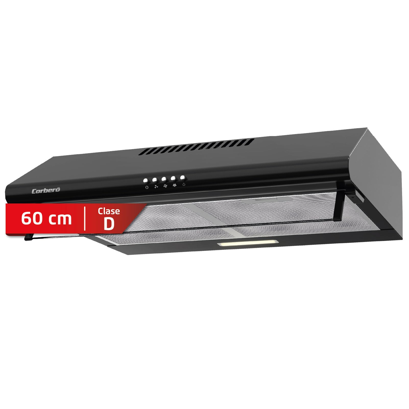 Corberó SELATI640B Okap konwencjonalny, 60 cm, Przepływ 400 m3/h, Kolor Czarny, 191,5 W, 3 Prędkości, 2 X Filtr Aluminium, Filtr węglowy, Efektywność energetyczna D
