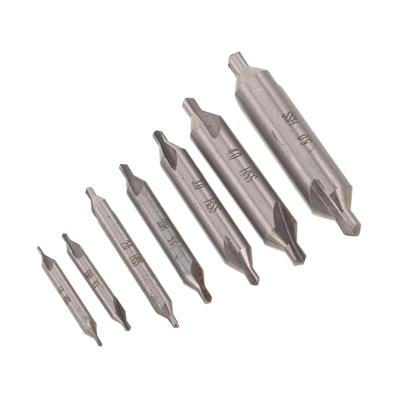 Zentrierbohrer aus Schnellarbeitsstahl, Zentrierbohrer-Set, 7 Stück, Schnellarbeitsstahl, 60 Grad, 1,0–5,0 mm, Silber
