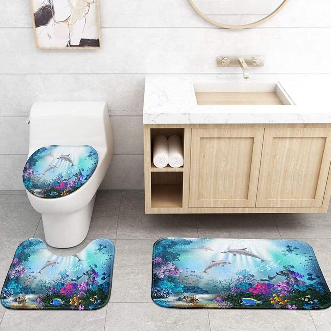 Yizheer Set di 4 tende da doccia per bagno con delfino marino e corallo, con 12 ganci, tappetino da bagno a forma di U, materiale PEVA, 182 x 182 cm, decorazione per bagno per vasca da bagno (blu)