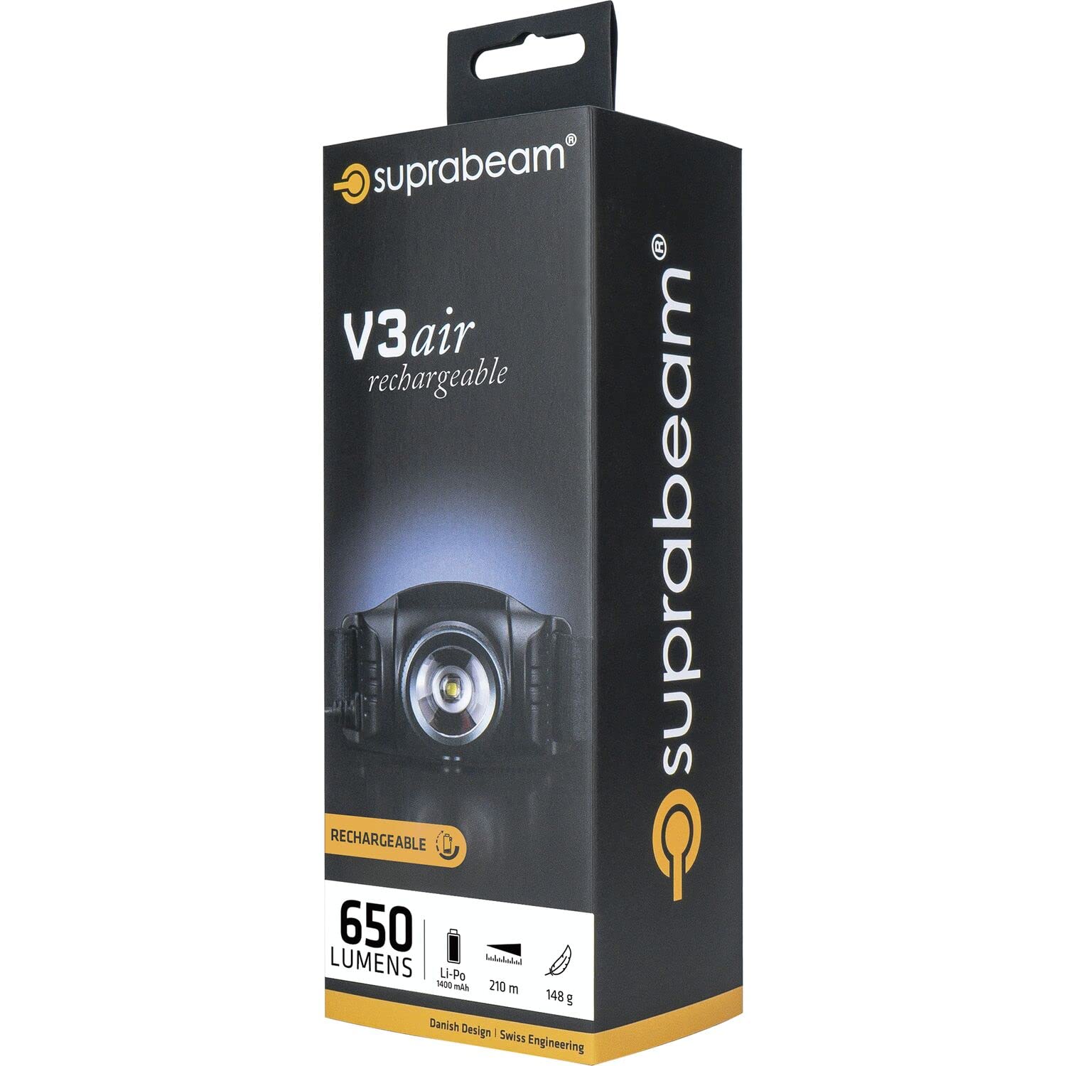 Suprabeam V3air wiederaufladbare LED Stirnlampe mit 650 Lumen, HyperFocus System, IPX4, mit Li-Po 1400 mAh 3.7 V. USB-direktladung