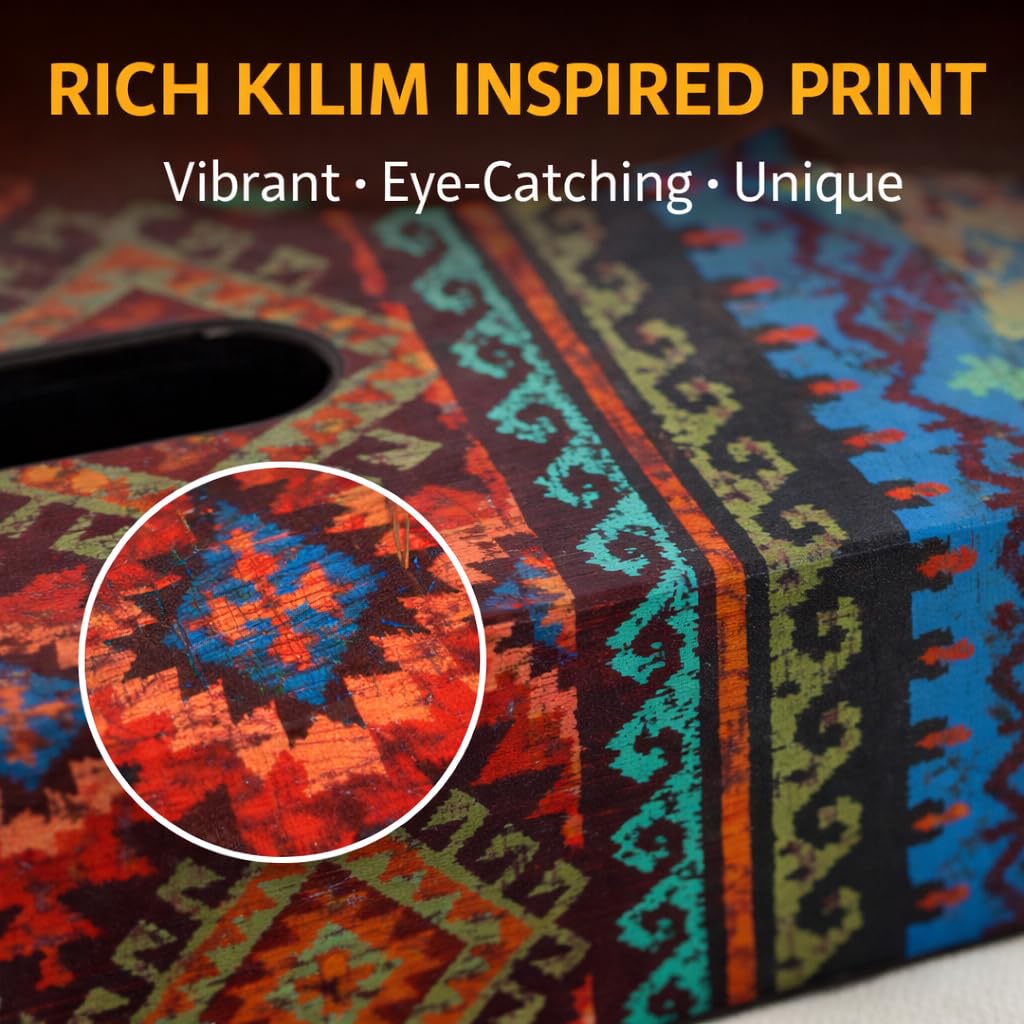 Reinvention Factory Designer Wooden Tissue Box Holder – Kilim Print | Decorative Tissue Paper Box & Napkin Holder for Dining Table, Living Room, Car & Office | Sliding Lid Tissue Box Cover (9 x 5 in) 1