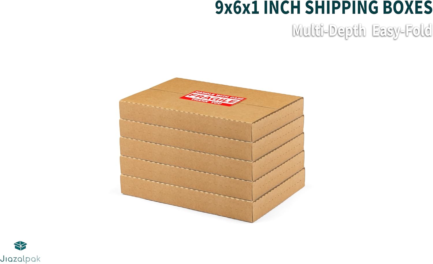 9x6x1 Inch Shipping Boxes, Brown Corrugated Cardboard, Multi-Depth DVD Mailer Boxes with Fragile Stickers, 25 Pack