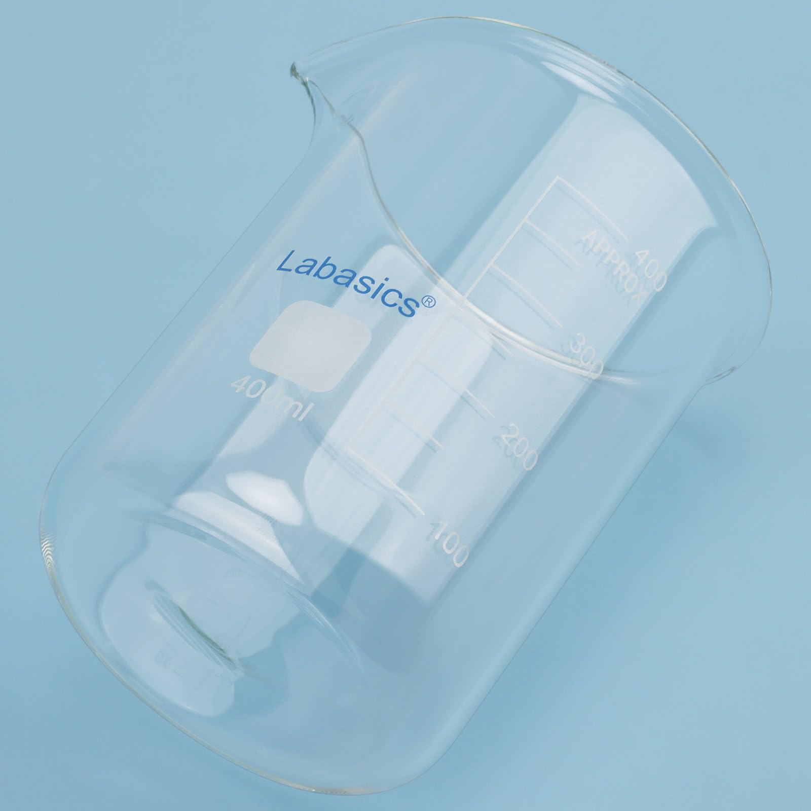 Labasics Bicchiere di Vetro, 1 Confezione, Bicchiere di Vetro Borosilicato a Forma Bassa Graduato Griffin con Beccuccio Versatore, 400 ml, Resistenza ad Alta Temperatura, Uso in Laboratorio