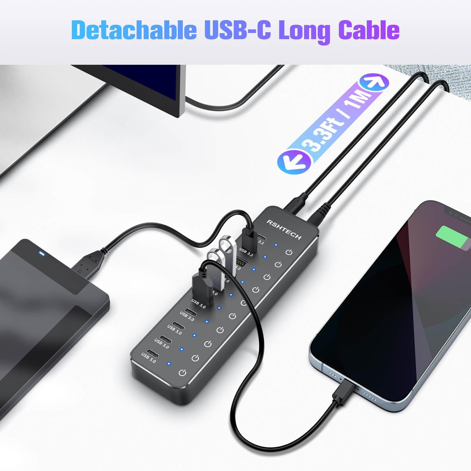 RSHTECH Hub répartiteur USB 3.2/USB C alimenté par 10 ports