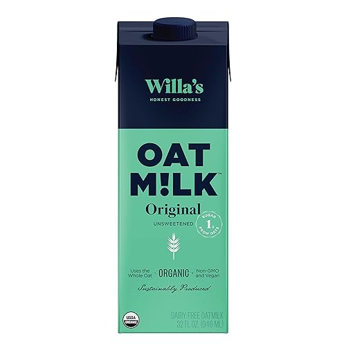 Willa's Leche de avena orgánica, vegana, a base de plantas, sin lácteos, sin azúcar, baja en azúcar, leche estable, avena integral, sin OMG, 0.18