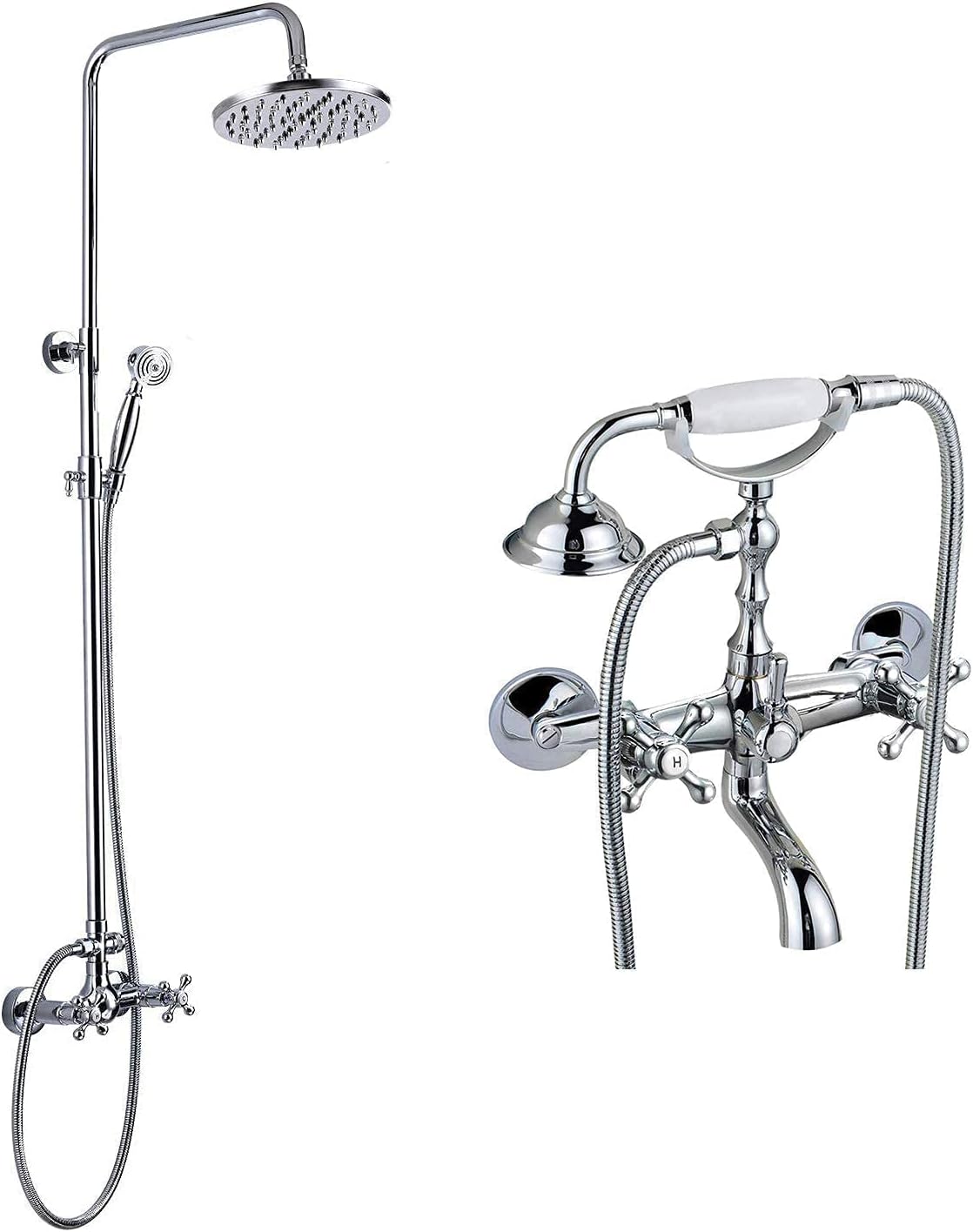 Polished Chrome Bathroom Shower Faucet Rain Mixer 8 Inch Round Head Double Cross Handle with Matching Chrome Polished Clawfoot Bathtub Faucet Wall Mount with Hand Held Shower Faucet Set