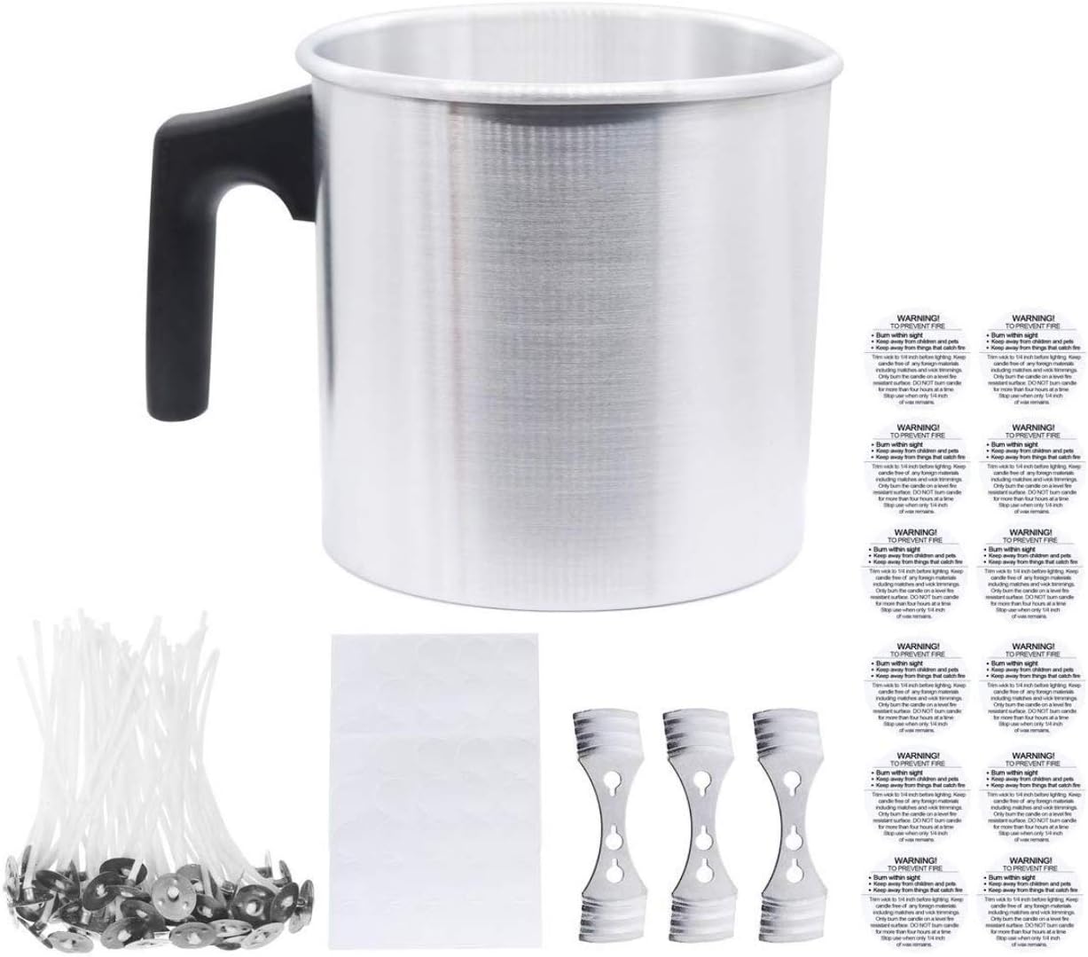 Pouring Pot for Candle Making, Double Boiler Pot with 50 Cotton Wicks and Sticker, 50 Warning Label, 3PCS Candle Wicks Holder, Value Kit for Candle Craft DIY Beginners