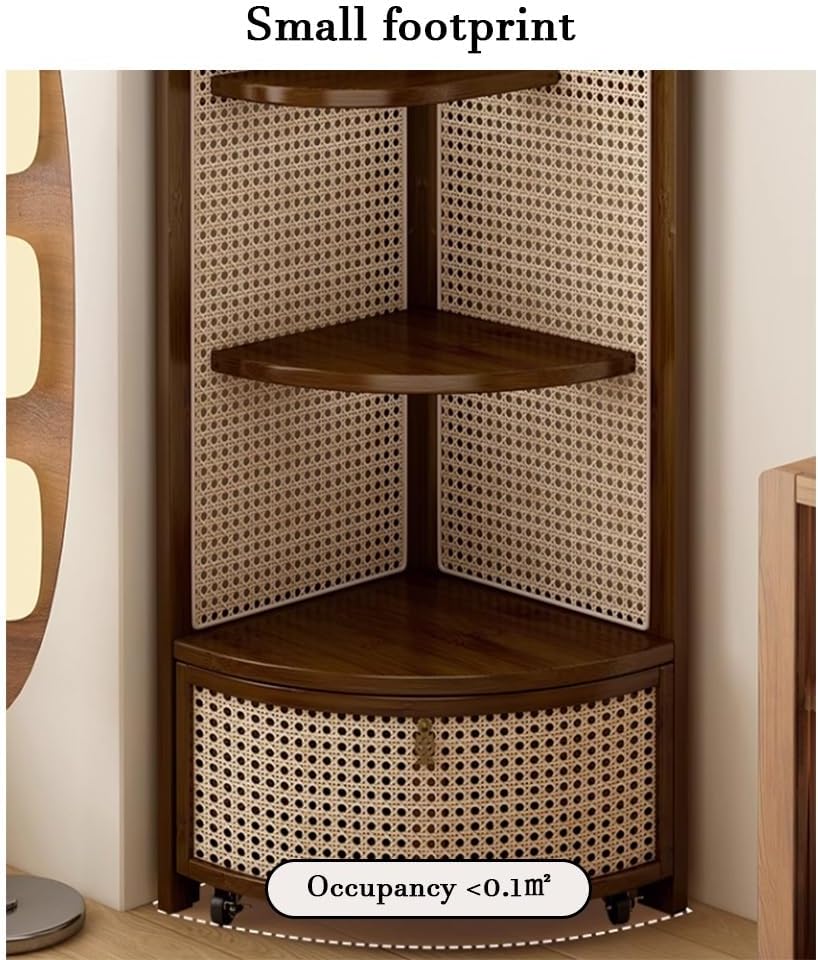 4-Tier Rattan Corner Shelf with Storage Basket, Fan-Shaped Bookcase with Wheels, Handmade Rattan Furniture for Bedroom & Living Room, Stylish Brown Corner Organizer