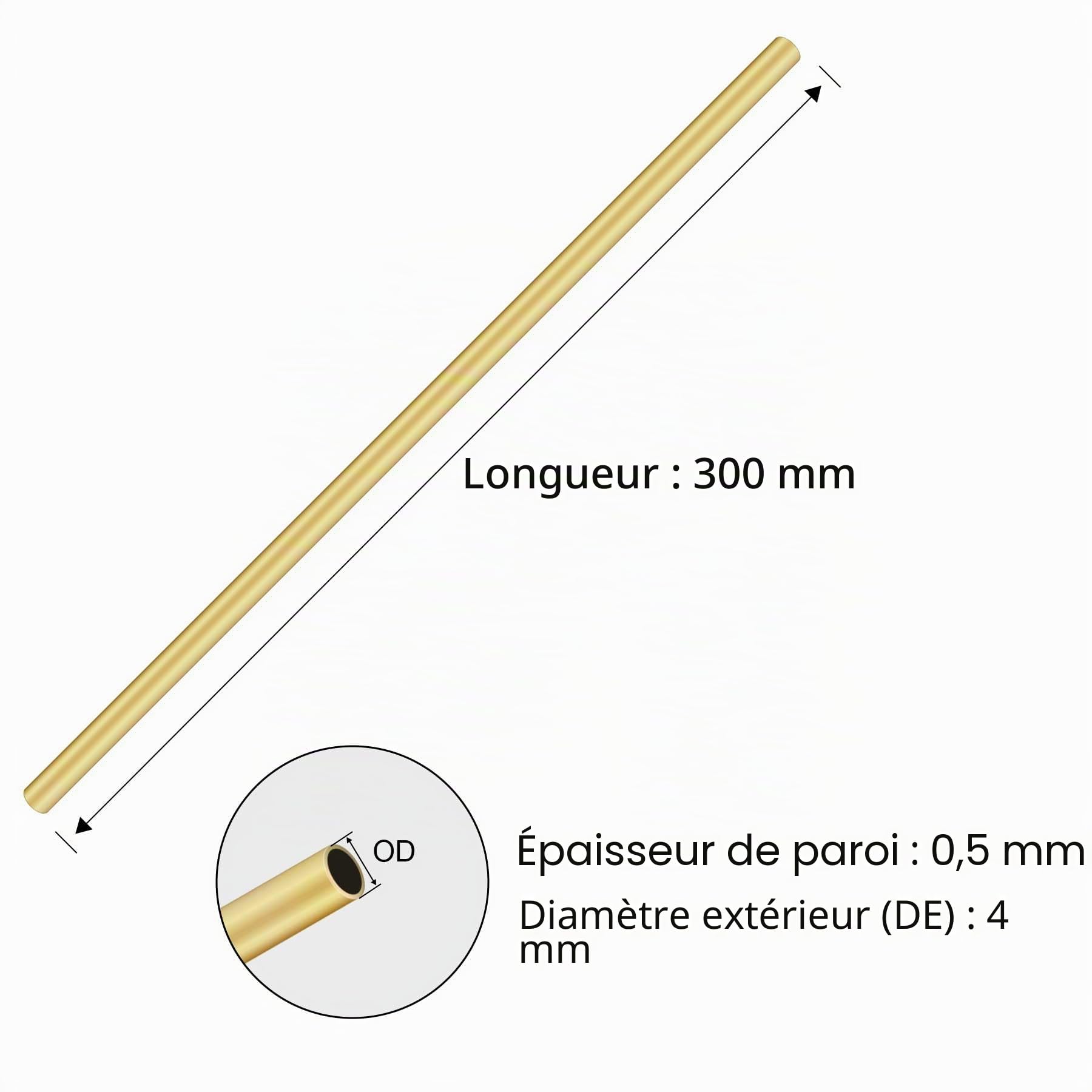 Lot de 3 tubes ronds en laiton, 4 mm de diamètre extérieur x 0,5 mm d'épaisseur de paroi, 300 mm de long, tubes droits en métal sans couture, pour loisirs créatifs