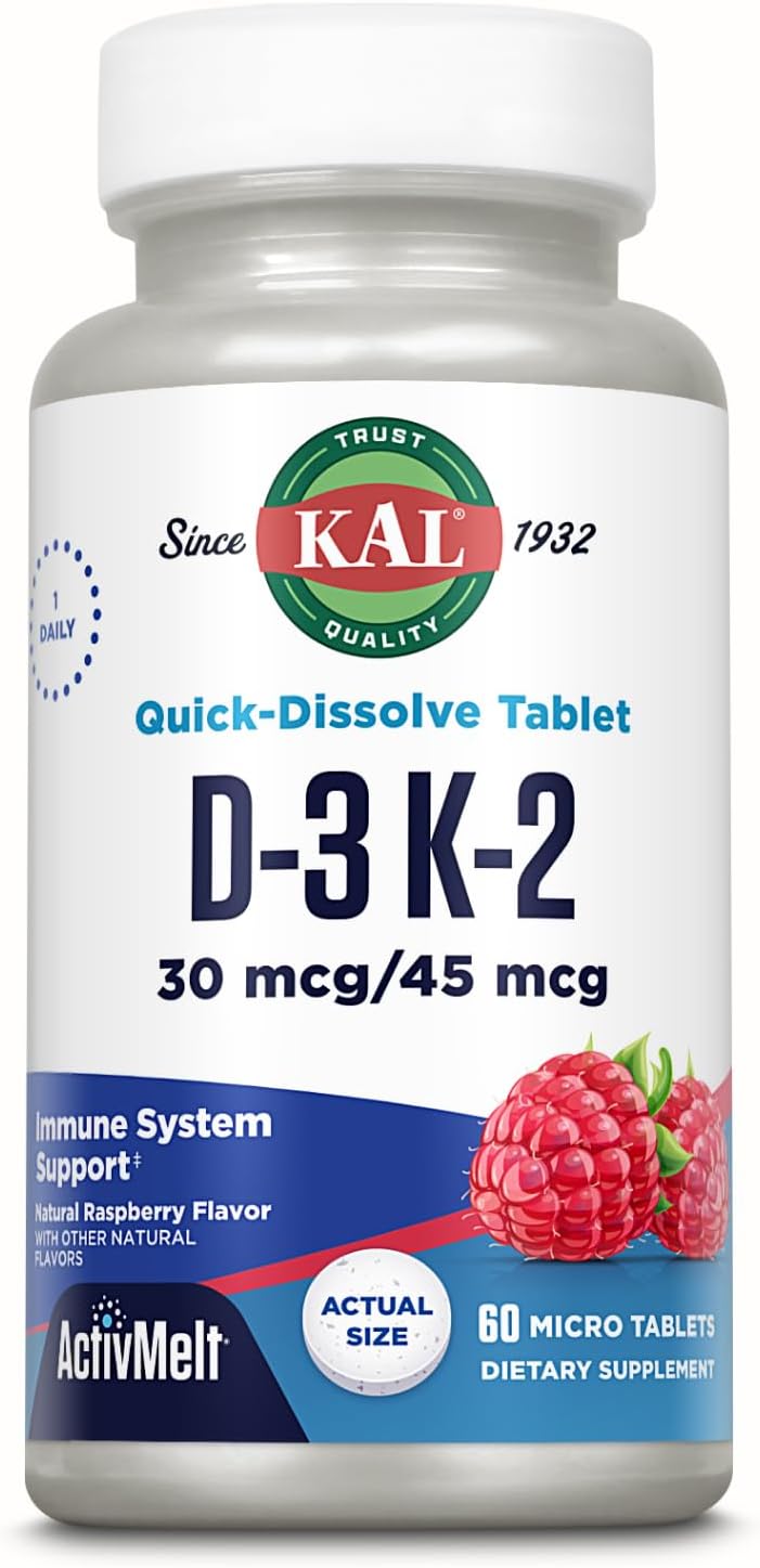 KAL Vitamin D3 K2 ActivMelt - Immune Support Supplement w/Vitamin D as D3 and MK7 VIT K2 to Support Strong Bones - Quick-Dissolve Tablets, Natural Raspberry Flavor, 60-Day Guarantee, 60 Servings