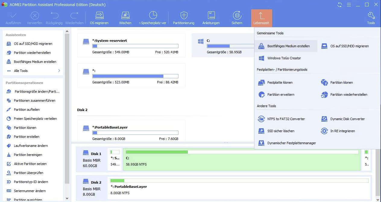 AOMEI Partition Assistant PRO - Festplattenverwaltung - Betriebssystem migrieren 2 PCs - lebenslange Laufzeit für Win 11, 10