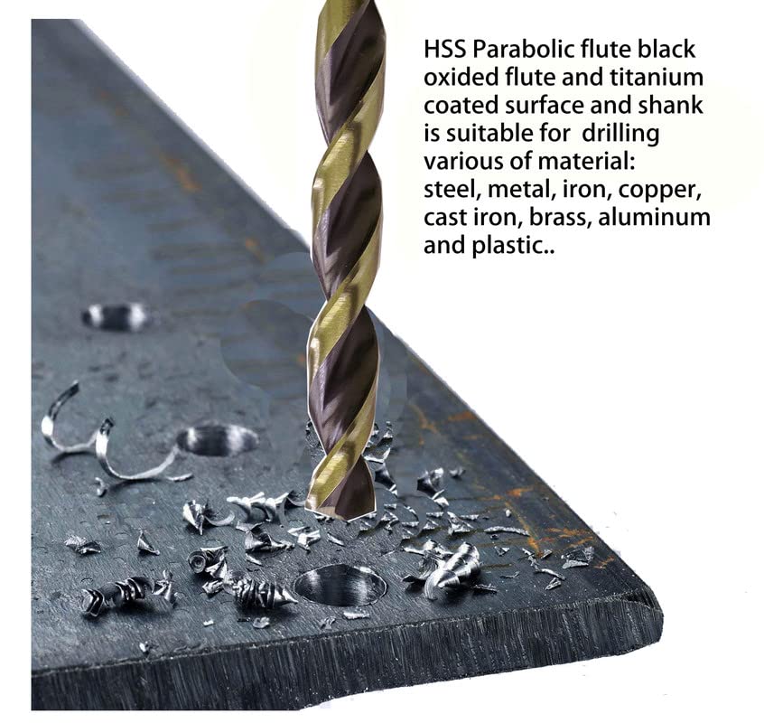 Hss Drill Bit Set 31/64 in. Jobber Twist Parabolic Flute Golden/Black 3-Flat Shank Drill Steel Metal-5Pcs