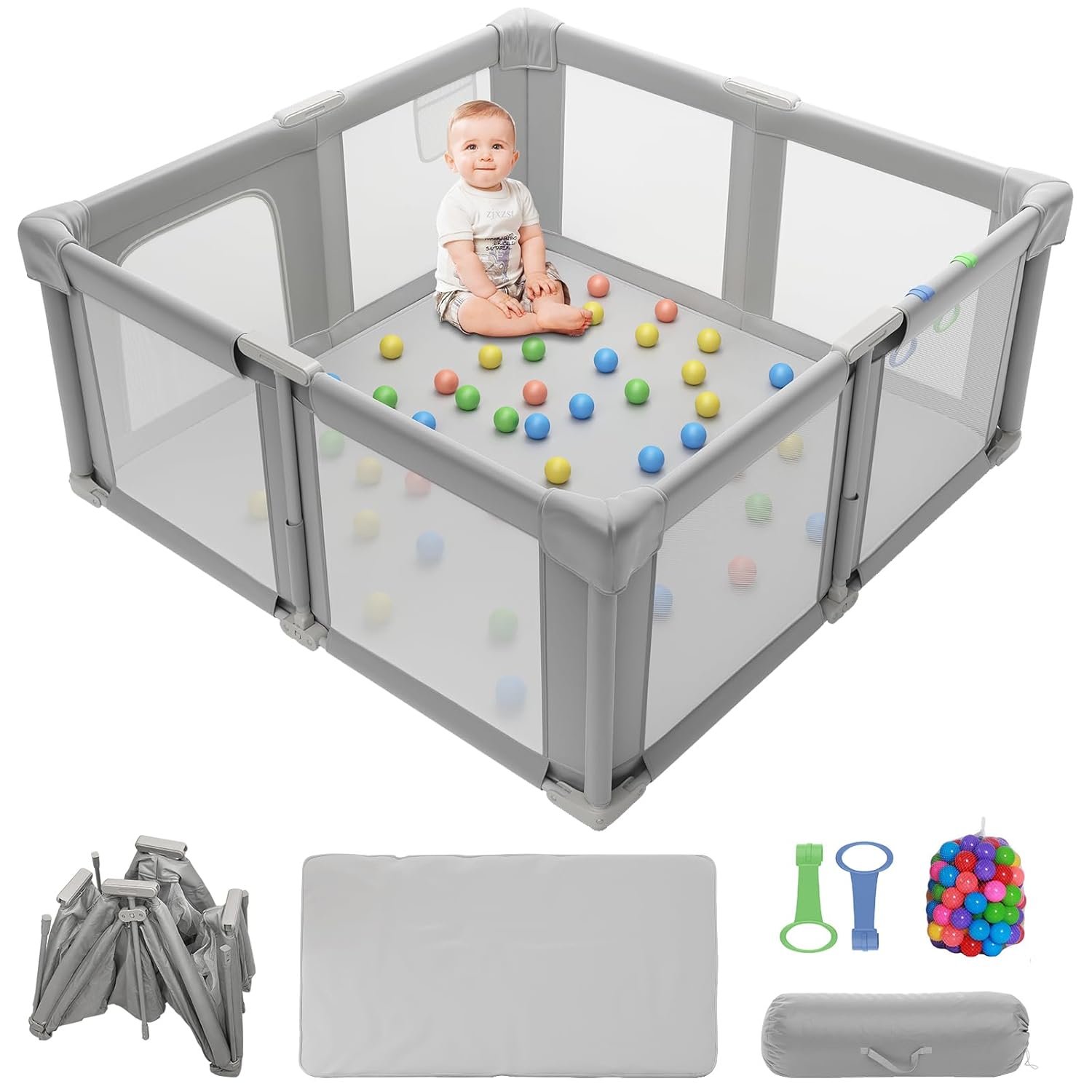 Foldable Baby Playpen, 51" Playpen for Babies and Toddlers with Mat Ocean Balls and Pull Links, Play Pen with Soft Breathable and Visible Mesh, Indoor and Outdoor Portable Play Pen, Gray Drak Gray
