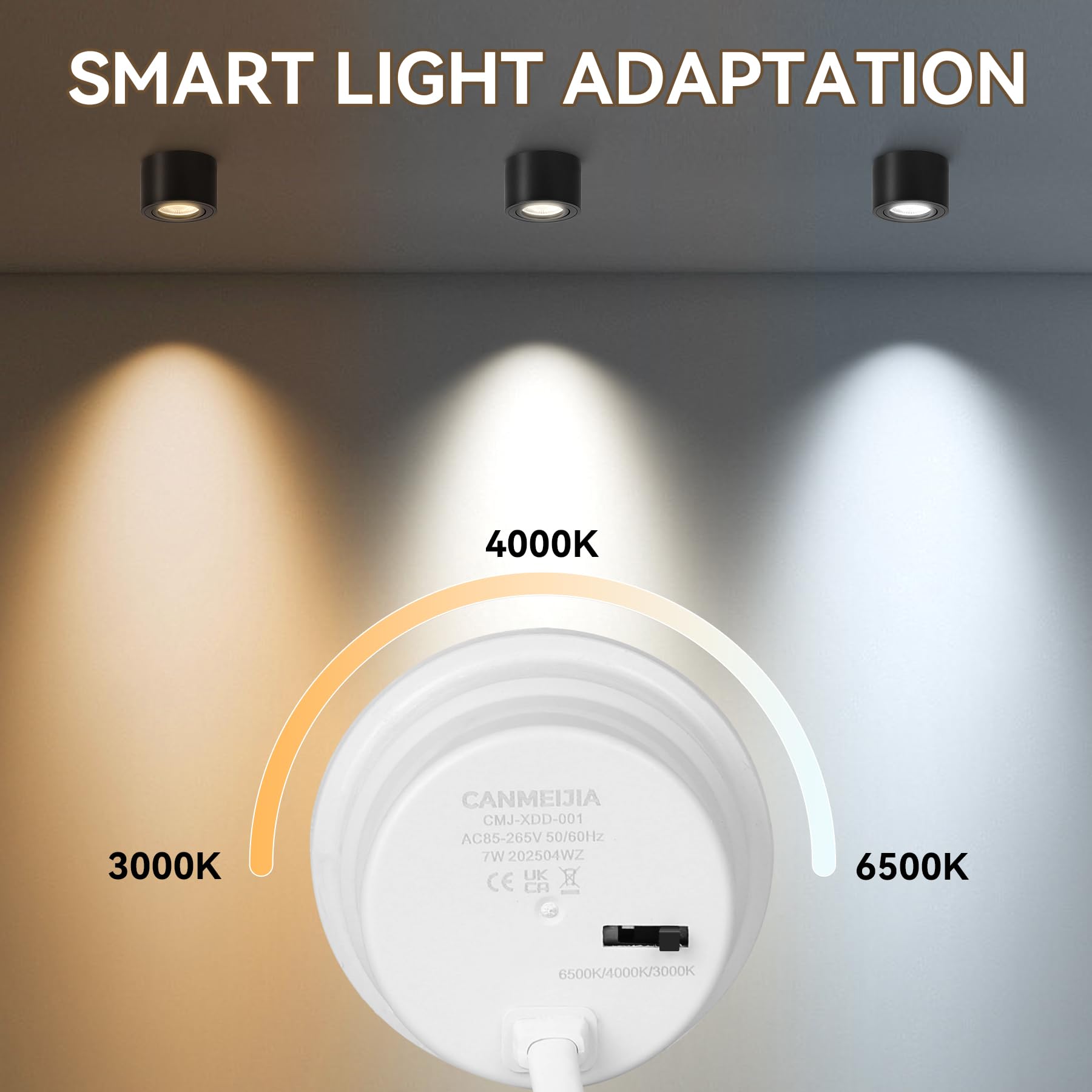 CANMEIJIA Reflektor sufitowy LED 7W ściemnialny, sufitowy, Ø80x50mm, bardzo płaski, obrotowy o 30° montowany na powierzchni, 3000K/4000K/6500K, reflektor sufitowy aluminiowy, okrągły, czarny 4 sztuki