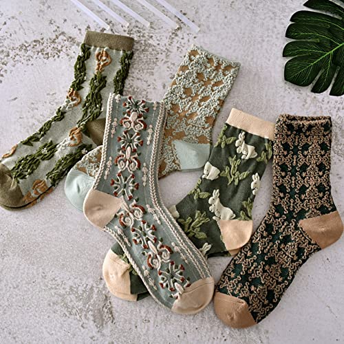 5 Pairs Womens Floral Cute Socks Vintage Embroidered Plant Socks for Women Teens Cotton Cozy Ankle Sock4