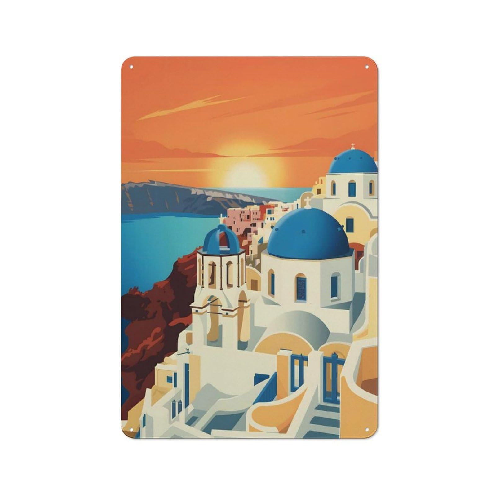 Junmoney Style-23 Metal Sign 30X20cm With Santorini Sunset Illustration For Workshop Wall, Vintage Decor, For Vintage Wall Decor Fans, For Metal Sign Collectors