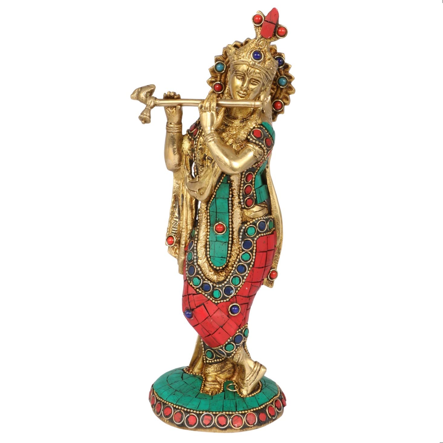 ARTVARKOArtvarko Brass Krishna Idol Statue Playing Flute Multicolor Gemstone Handwork for Puja Mandir Krishna Murti Sculpture Gift & Home Decor Height 10 Inches