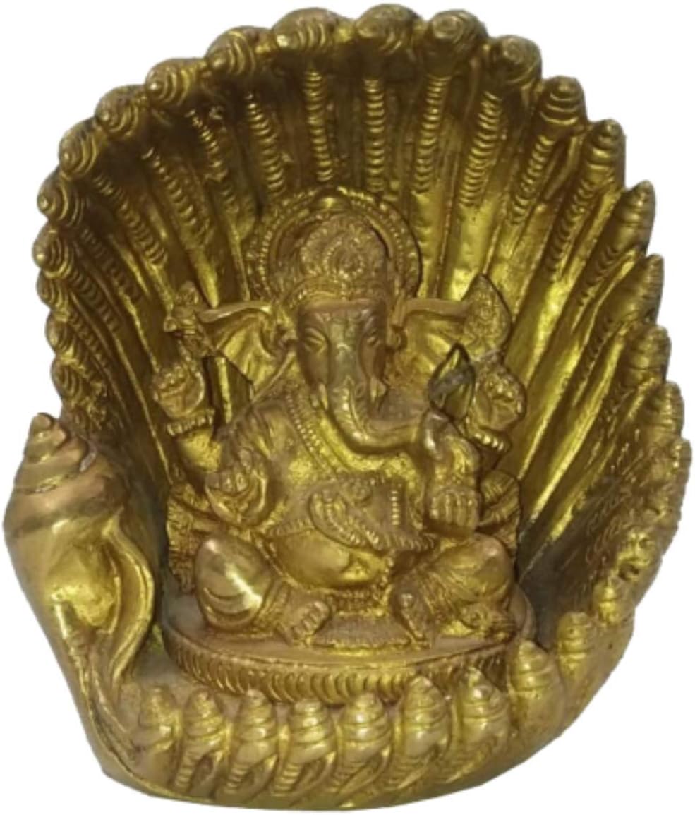 Kapasi Handicrafts Brass Medium Sitting Ganesh with Sinhasan Idol H: 5.75 Inch Home Decor Ganpati Bhagwan Statue Figurine for Shubh Labh Office Showpiece Gifting Puja Room Garden and Main Entrance