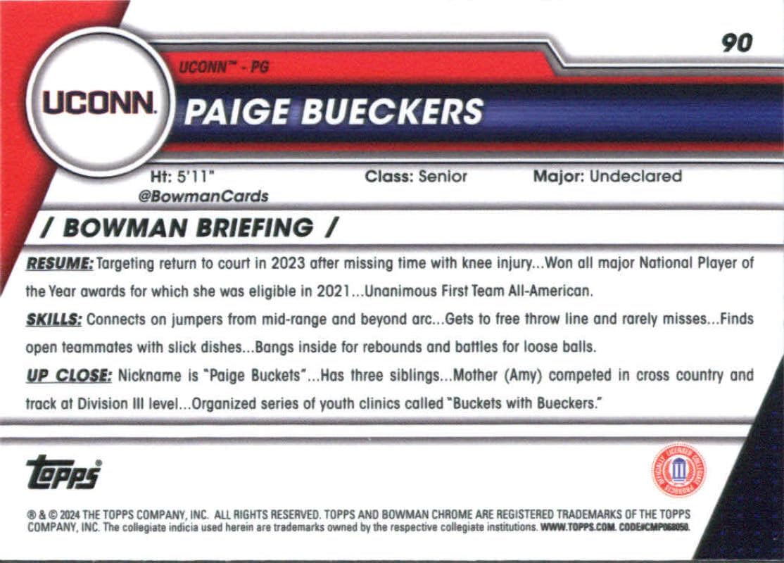 2023-24 Bowman University Chrome #90 Paige Bueckers Connecticut Huskies Basketball Card - Sportscard Superstore